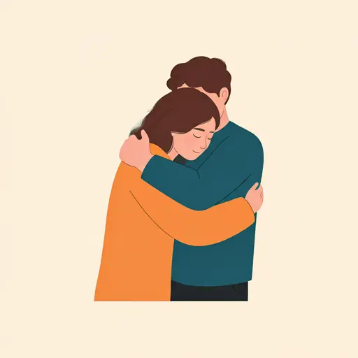 Minimalist illustration of two people hugging warmly in a peaceful room
